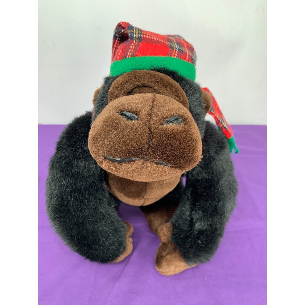 Walmart 12” Gorilla Black and Brown with Green Red Plaid Hat and Scarf Holiday C